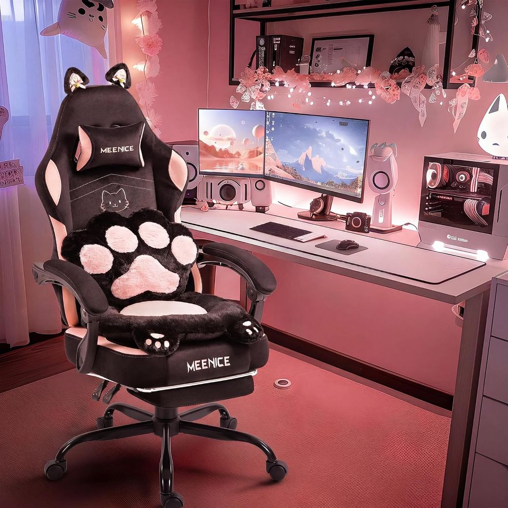 كرسي ألعاب وردي لطيف بتصميم آذ - مراجعة Pc Gaming Chair وسعره